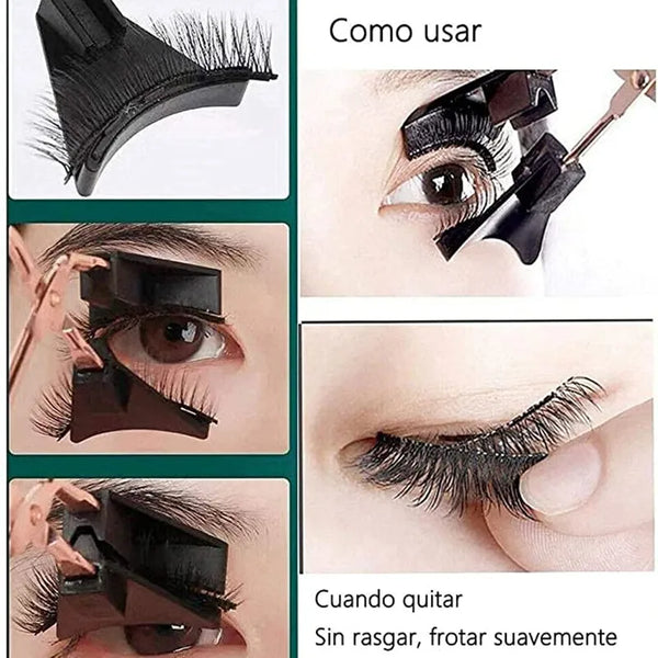 A set of magnetic false eyelashes shown in various application angles and usage instructions.
