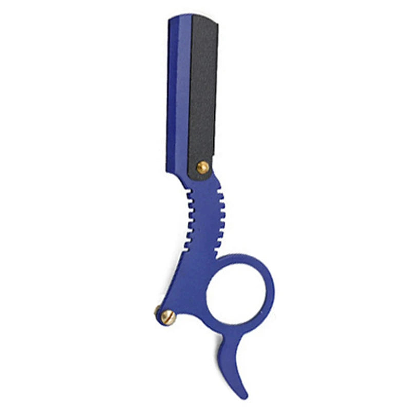A professional straight edge barber razor with a dark gray handle and blue grip.