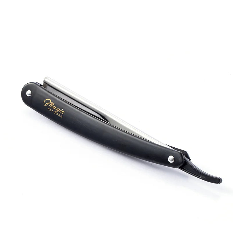 A black folding straight razor shaver with a silver blade is shown against a white background.