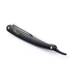 A black folding straight razor shaver with a silver blade is shown against a white background.