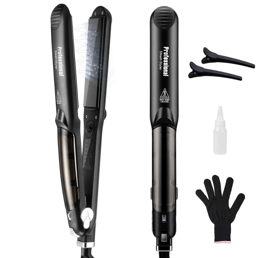 Fer à lisser professionnel en céramique noire avec poignée et gant silicone assortis, vues sous divers angles.