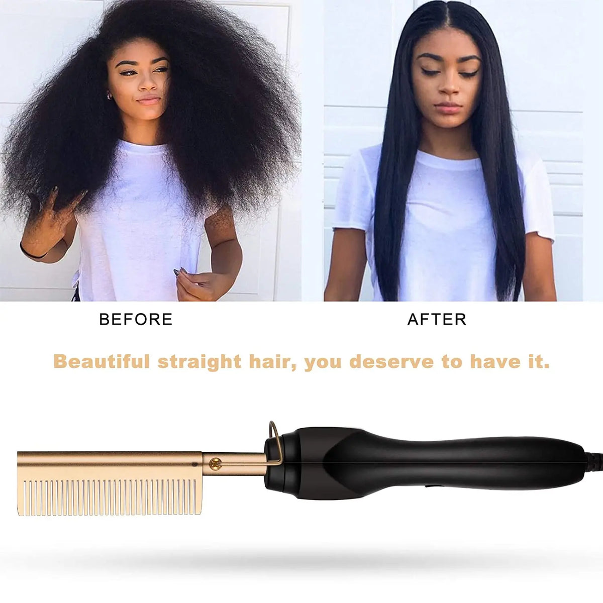 A black 2-in-1 electric hair straightener is shown next to before and after images of straight hair.