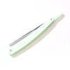 A folding straight razor shaver with a light green handle and silver blade visible from the side.