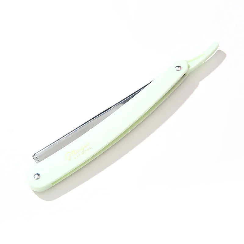 A folding straight razor shaver with a light green handle and silver blade visible from the side.