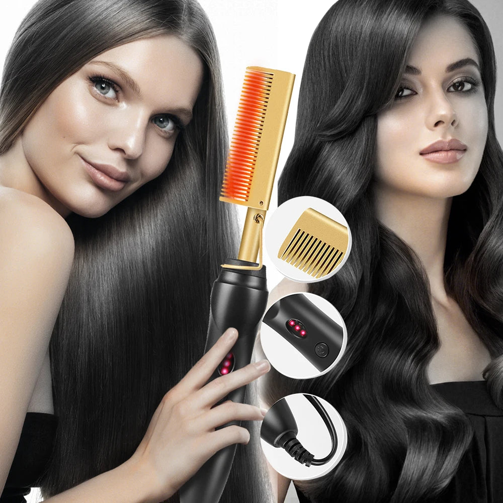 A woman is using a black electric hair straightener for smoothing her long, dark hair.