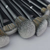 A set of professional makeup brushes with dark handles and fluffy, silver-toned bristles for contouring and highlighting.