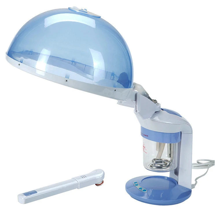 A light blue 2-in-1 facial and hair steamer device with a dome head and a handheld wand.