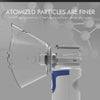 A portable medical nebulizer device with a clear chamber and white body is shown against a gray background.