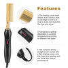 A black electric hair straightener with a gold handle and cord, showing features like ceramic teeth and temperature settings.