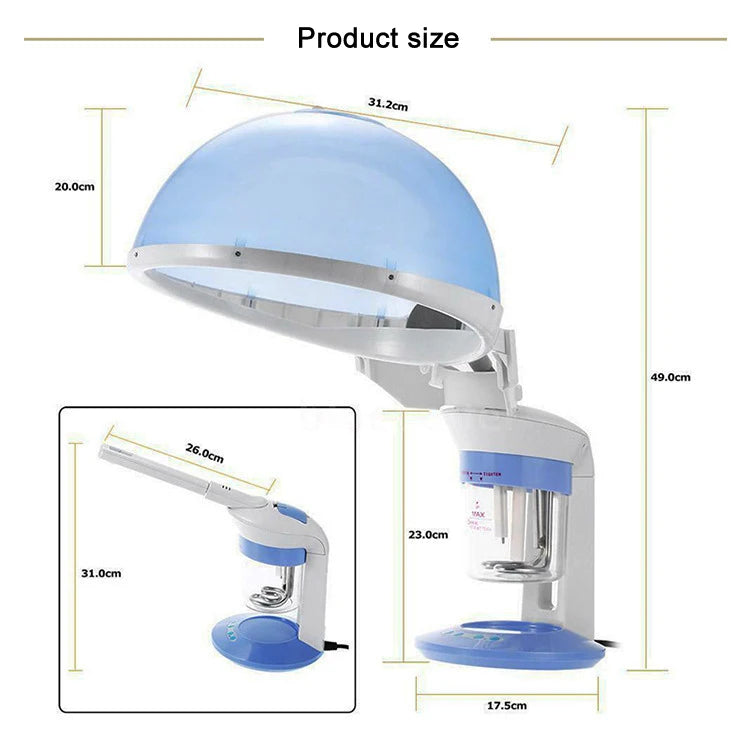 A 2-in-1 facial and hair steamer device shown with various dimensions.