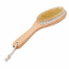 A natural wooden body brush with light yellow bristles and a fibrous string attached.