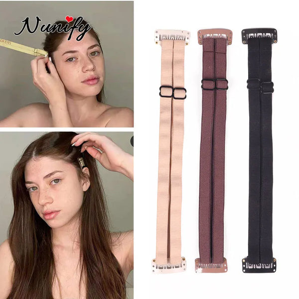 Tres bandas para levantar el cabello ajustables en rosa, marrón y negro, mostradas junto al cabello de una modelo.
