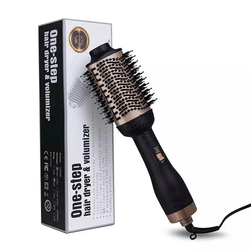 A black one-step hair dryer and volumizer styling brush is shown on a white box.