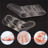 Transparent silicone gel toe separators designed for overlapping toes and providing relief.