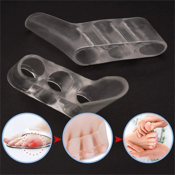 Transparent silicone gel toe separators designed for overlapping toes and providing relief.