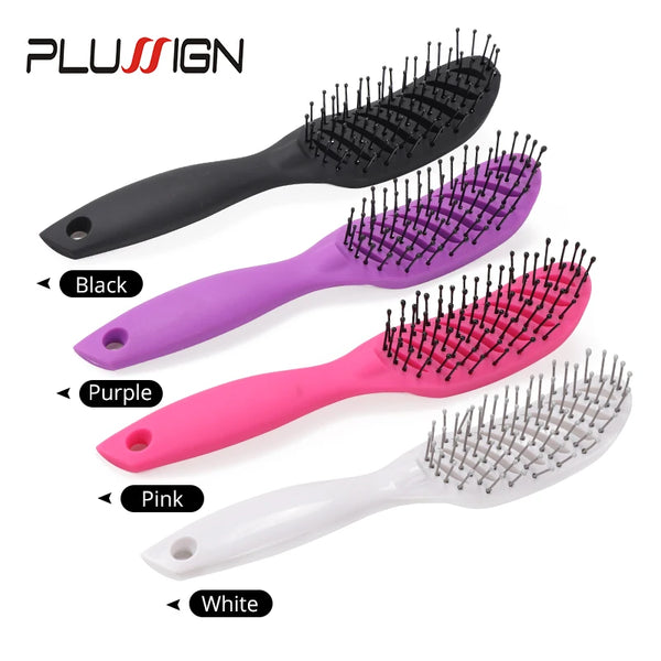 A set of four hair styling combs in black, purple, pink, and white.
