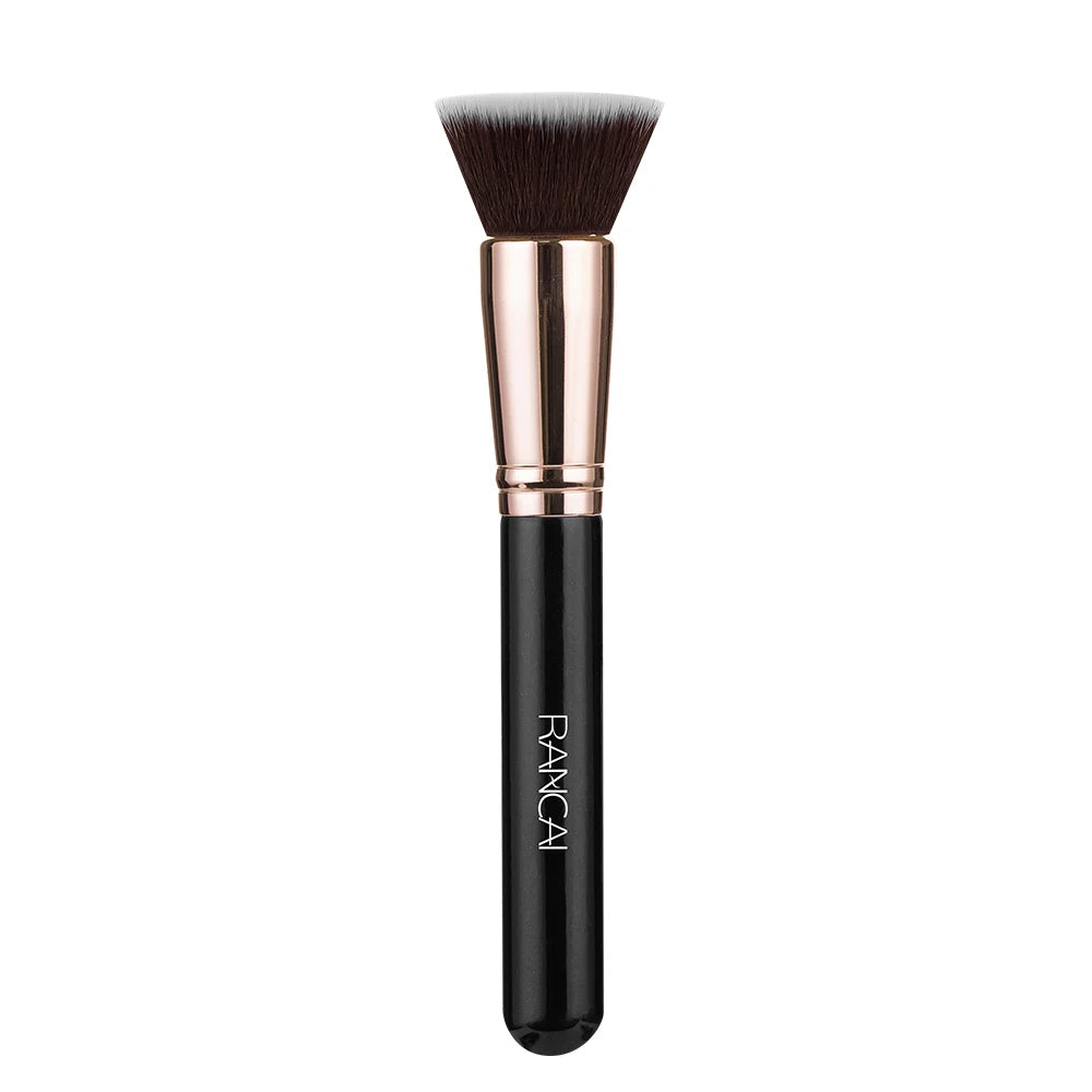 A flat top kabuki foundation brush with a bronze ferrule and black handle.