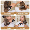 Vier Paneele zeigen eine professionelle Heißluft-Stylingbürste zum Locken, Glätten, Stylen und Trocknen von Haaren.