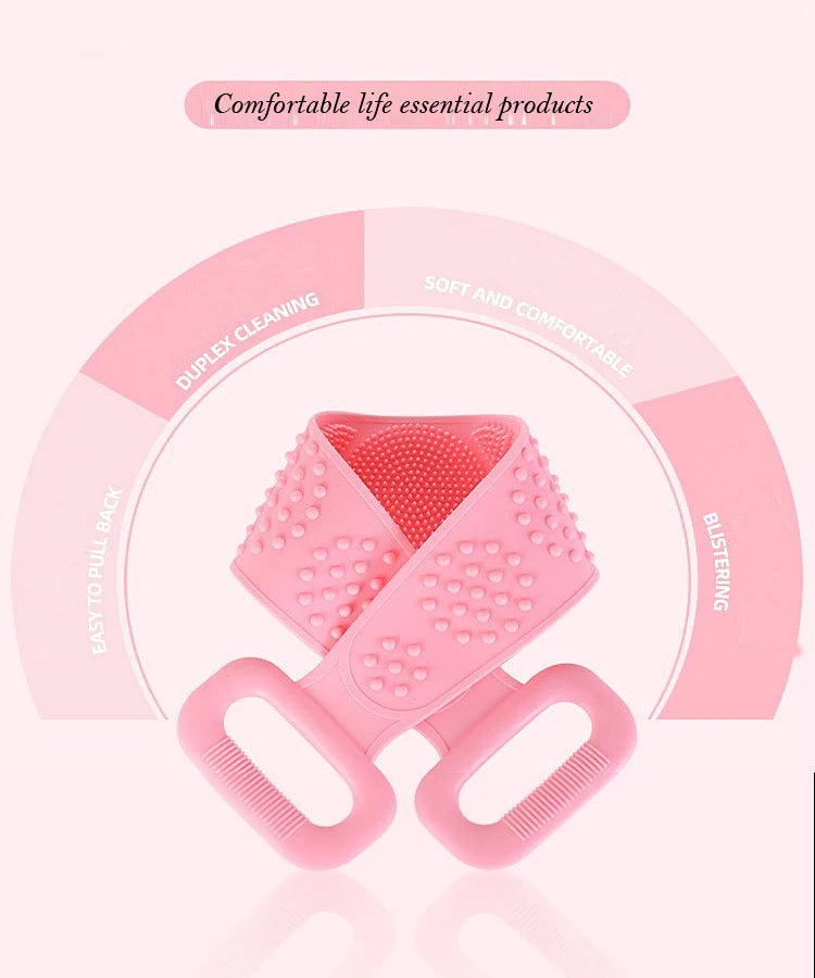 Pink silicone body scrubber and massager with textured surface and handles