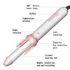 A white ceramic hair curling iron with various features like a swivel cord, on/off switch, temperature display, and ion injec