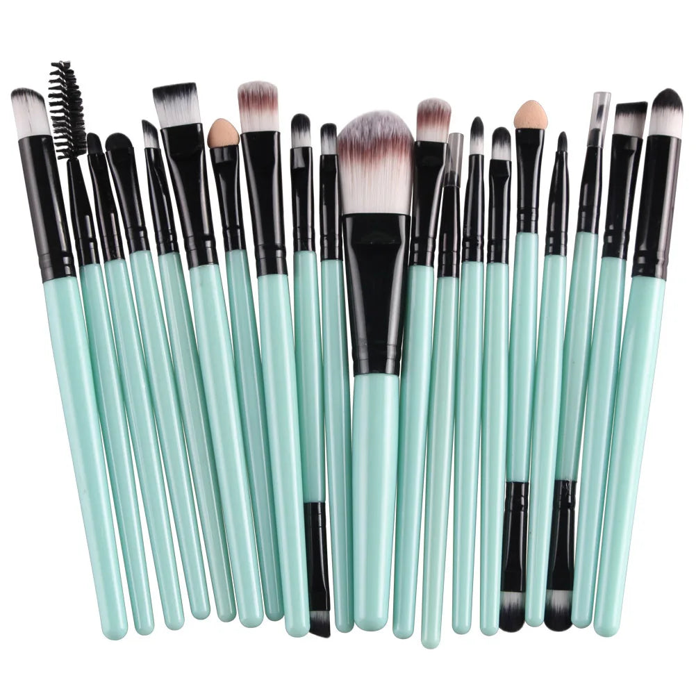 A collection of 20 professional makeup brushes with various sizes and shapes in light mint green and black.