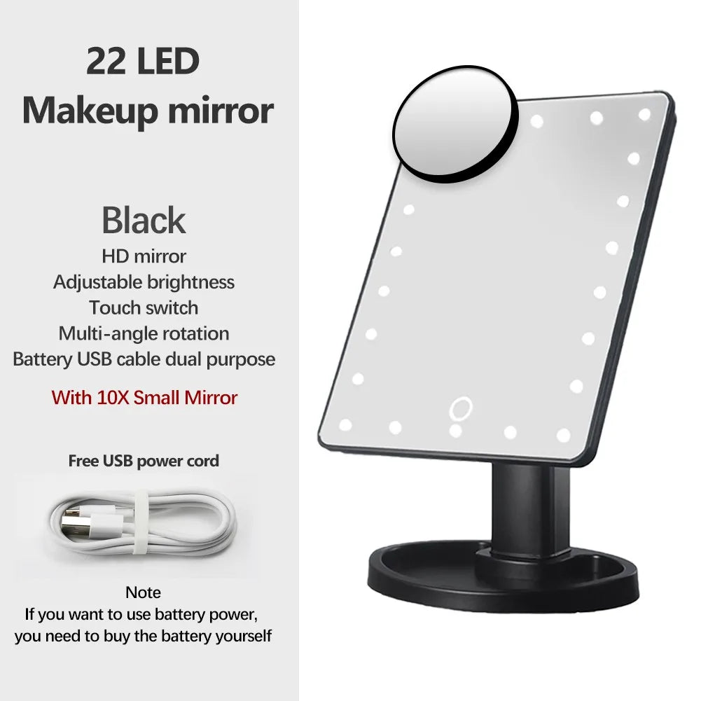 A black LED makeup mirror with a round mirror, adjustable brightness, and multi-angle rotation.