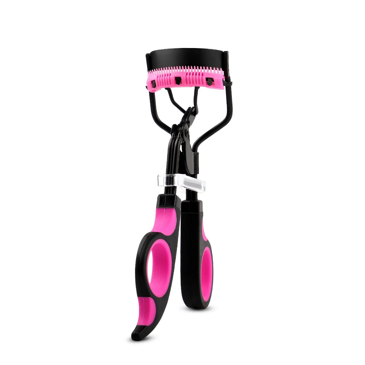 A black professional eyelash curler with pink replacement pads and a metal clamp.