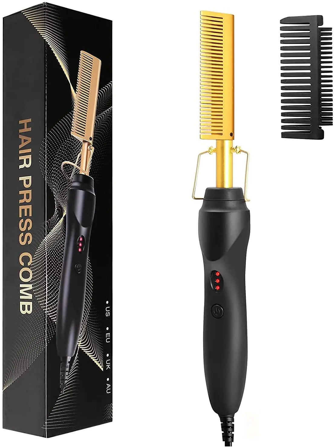 Black and gold 2-in-1 electric hair press comb with a yellow brush and black body.