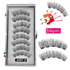 A set of five magnetic false eyelashes in a silver case, showing various styles and lash lengths.