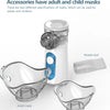 A white handheld mesh nebulizer with two silicone masks, one for adults and one for children, is shown next to a nozzle tool.