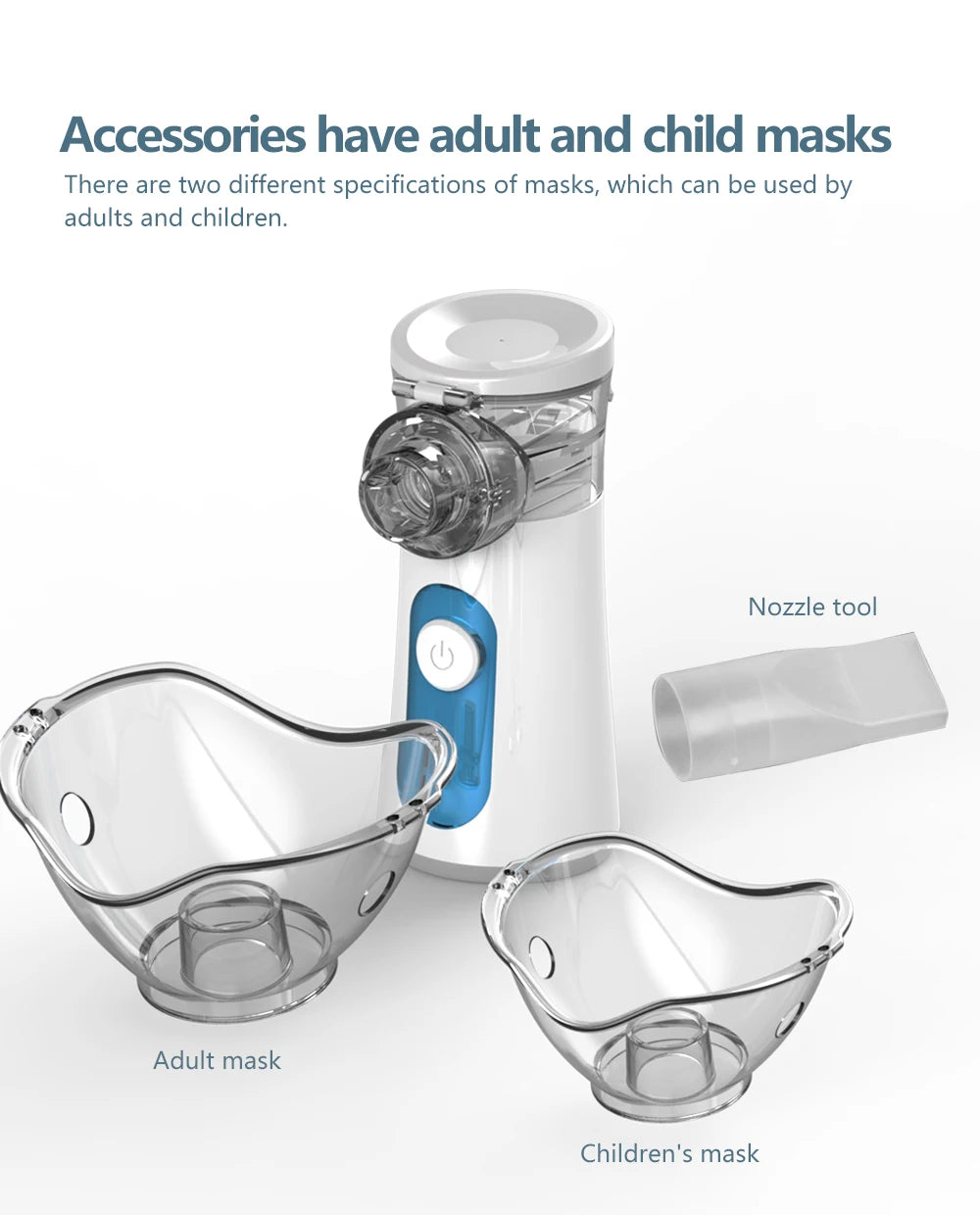 A white portable nebulizer device with two clear masks, an adult mask and a children's mask, and a nozzle tool.