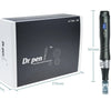 A black Dr. pen microneedling device with a clear needle tip shown next to its packaging box.