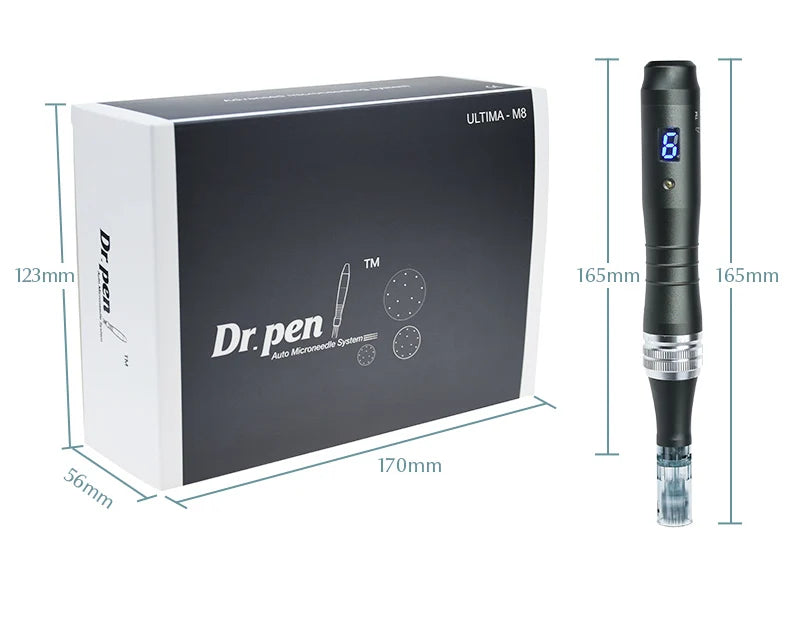A black Dr. pen microneedling device with a clear needle tip shown next to its packaging box.