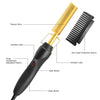 A black electric hair straightener with a gold titanium alloy comb and various adjustment buttons.