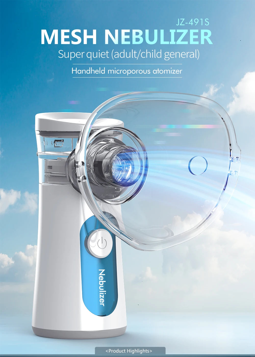A white handheld nebulizer device with a clear mouthpiece is shown against a light blue cloudy background.