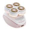 Depiladora eléctrica multi-cabezal blanca con detalles en oro rosa.