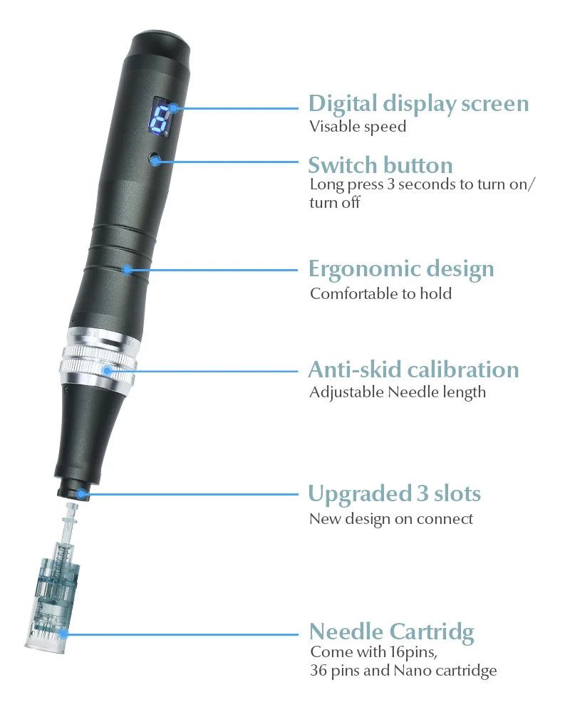 A black microneedling device with a digital display, switch button, ergonomic design, and upgraded 3 slots.