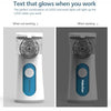 A handheld nebulizer device in white and blue is shown, with text indicating it glows when in use.