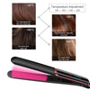 A black hair straightener with temperature adjustment settings shown next to examples of hair styling.