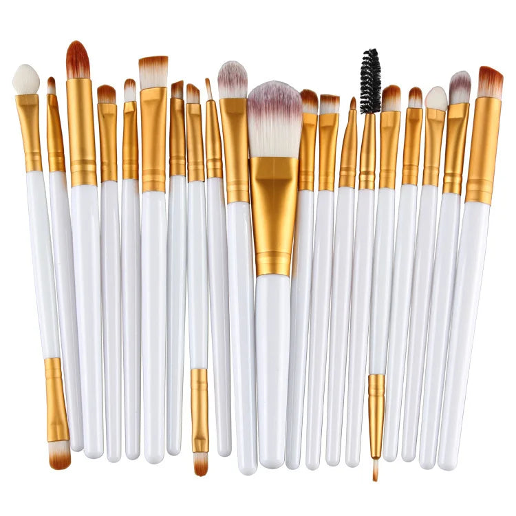 A collection of 20 professional makeup brushes with wooden and metal handles displayed together.
