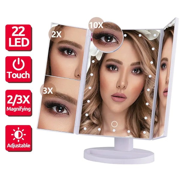 An LED vanity makeup mirror with touch control and adjustable magnification showing a close-up of a woman's face.