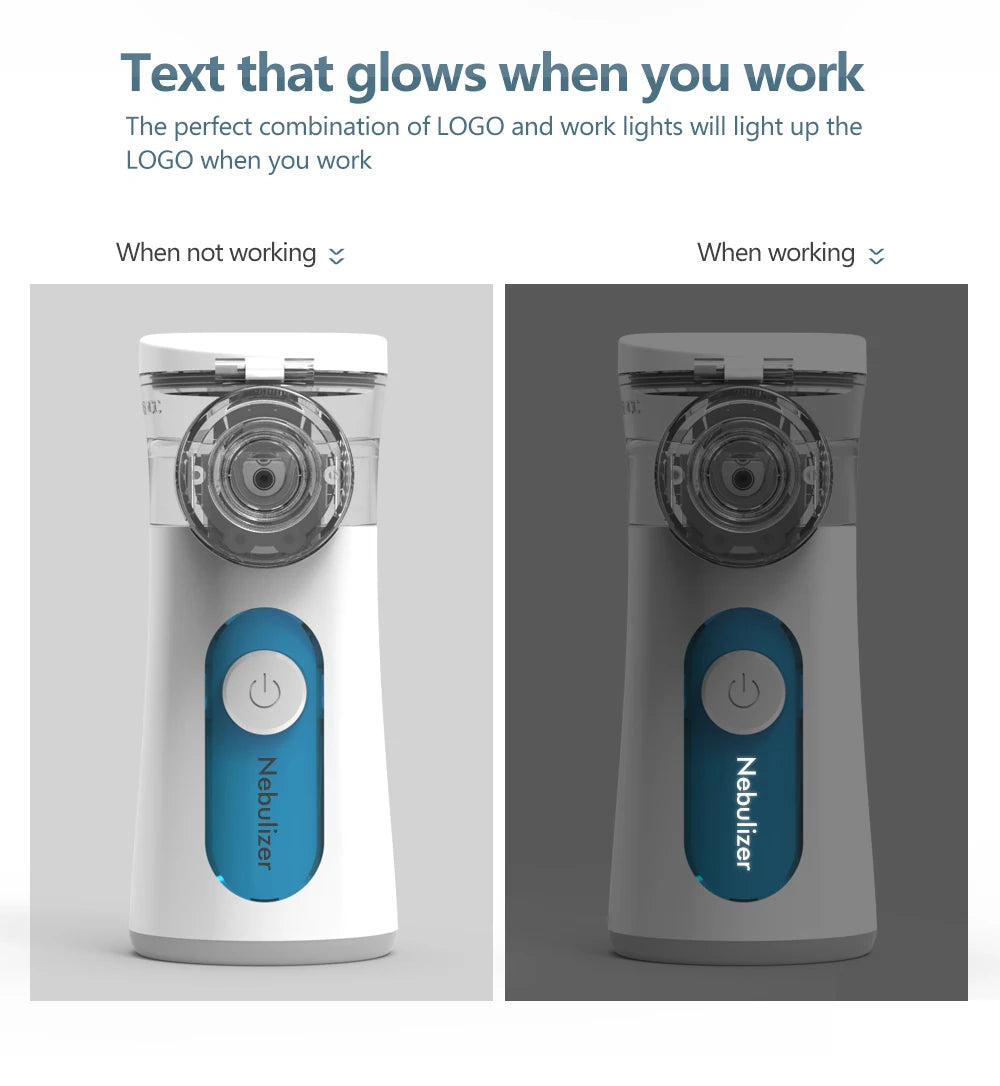A portable nebulizer device in white and blue is shown, with text indicating it glows when in use.