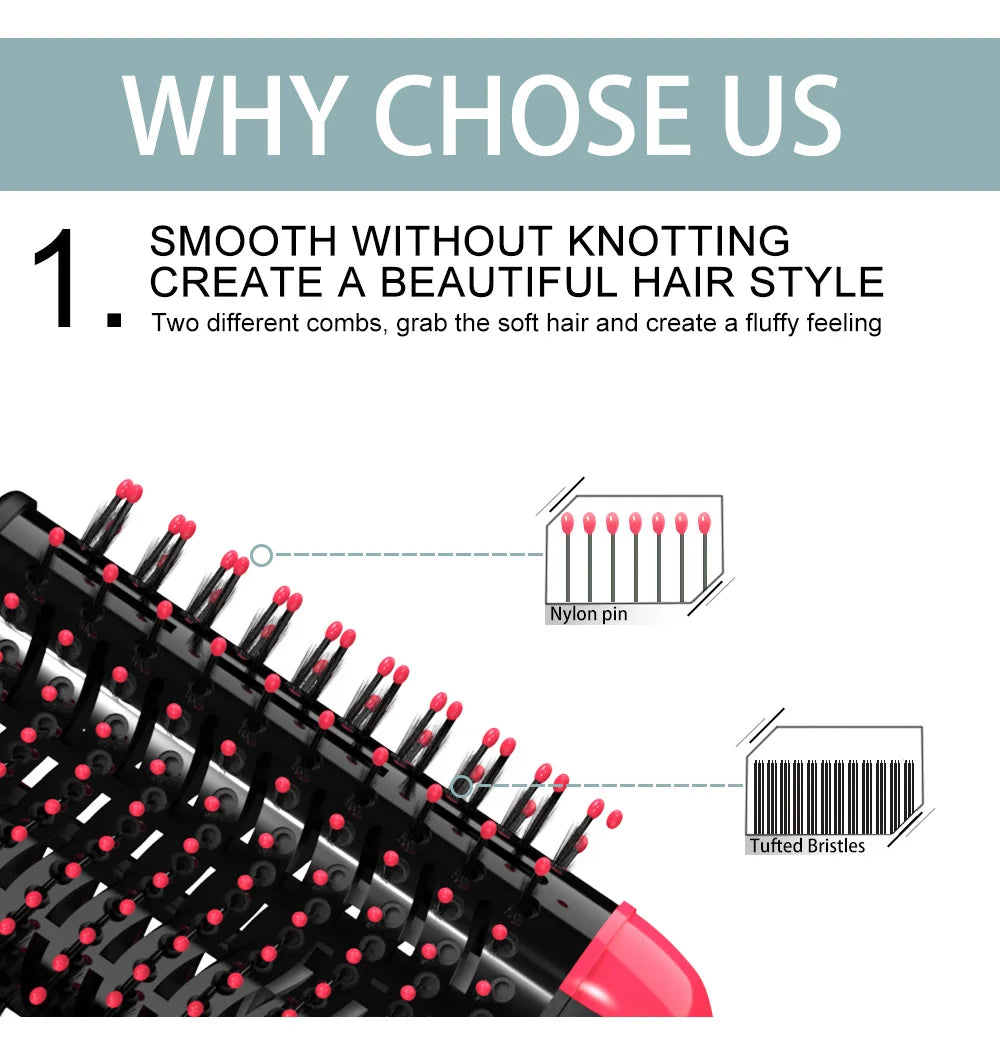 Close-up view of a black hot air brush with nylon pins and tufted bristles used for styling hair.