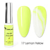 Botella de esmalte de uñas Venalisa Liner Gel amarillo limón junto a dos uñas arregladas mostrando la aplicación del color.