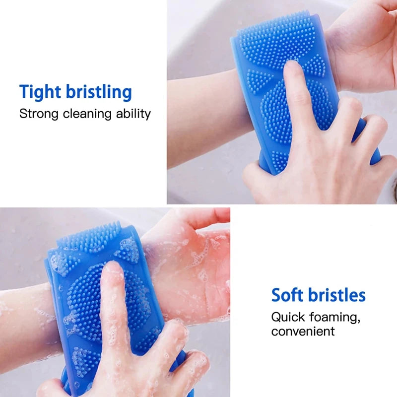 Blue silicone body scrubber with tight bristles and soft bristles being used on skin.