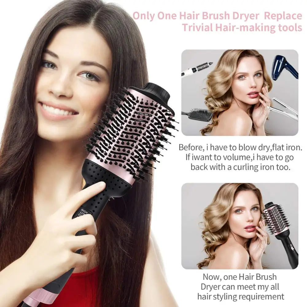 A woman is shown using a single hair brush dryer to style her hair, demonstrating its versatility for various styling needs.