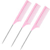 A set of three pink stainless steel rat tail hair combs.