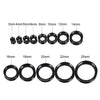 A set of black silicone ear tunnels and plugs in various sizes ranging from 3mm to 25mm.