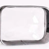 A clear waterproof travel cosmetic bag with a black trim, shown from the top view.