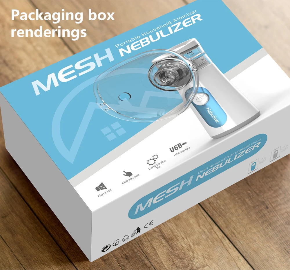 Packaging box rendering of a portable handheld mesh nebulizer device.